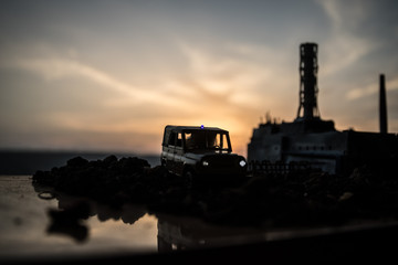 Creative artwork decoration. Chernobyl nuclear power plant at night. Layout of abandoned Chernobyl...