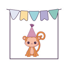 cute monkey animal with hat party and garlands