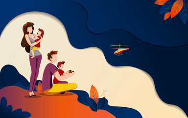 Young family in nature. Dad and son play with a radio-controlled helicopter, mom holds her daughter in her arms. Vector illustration with dark abstract background.