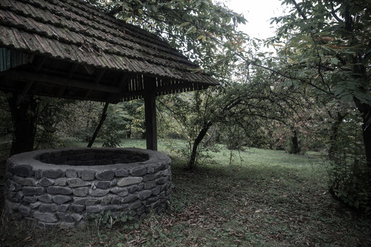 Abandoned well in the forest. Waiting for a terrible girl with a long hair. Halloween concept. Selective focus