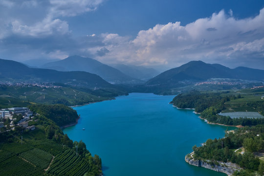 Aerial view Lake Santa Giustina, Castel Cles, bridge over the lake. North of Italy.