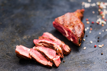 BBQ meat recipe. Cowboy steak. Sliced medium grilled beef and mixture of peppers.