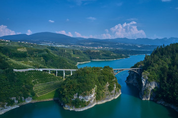 Fototapeta na wymiar Aerial view Lake Santa Giustina, Castel Cles, bridge over the lake. North of Italy.