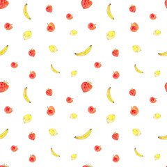 Seamless pattern with watercolor and graphic hand drawn sketch fruits on white  background. Vegetarian food. Fresh color texture. Perfect for print and fabric.