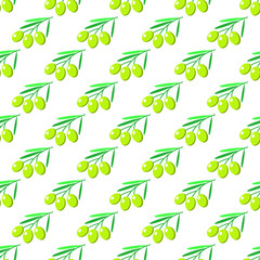 Green flat olives on a white background seamless pattern. Vector illustration.