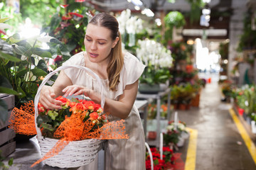 Portrait of woman with basket of red roses in flower shop