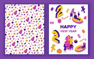 New year 2020 isometric greeting card, 3d illustration, print 2 side template, family celebrating winter holiday party, christmas concept, parents, cartoon people together, violet, pink, yellow color