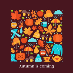 Autumn background. Vector. Creative card with autumn elements in square shape. Template in flat design on dark brown backdrop. Fall leaves decoration banner. Cartoon illustration. Colorful poster.