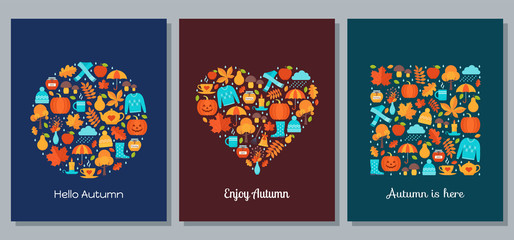 Autumn card with autumn elements stylized in shapes of circle, heart and square. Vector. Creative template background on dark backdrop. Flat design. Fall leaves decoration banner. Cartoon illustration