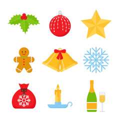 Christmas color icons. Vector. Xmas winter symbols isolated on white background. Set of cute holiday decorations in flat design. Cartoon colorful illustration. Collection festive objects.