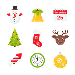 Christmas icons. Vector. Xmas winter objects. Set of cute holiday decorations isolated on white background in flat design. Collection festive colorful symbols. Cartoon color illustration.