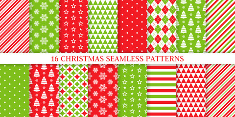 Christmas seamless pattern. Xmas, New year background. Vector. Endless texture with polka dot, candy cane stripe, snow, tree, star. Holiday print for wrapping paper web textile. Red green illustration - obrazy, fototapety, plakaty