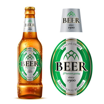 Vector realistic glass beer bottle with label