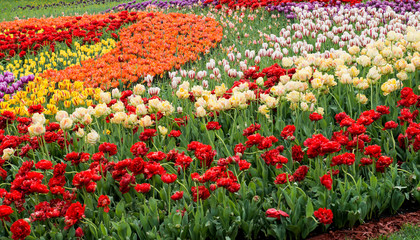 The field of multi-colored autumn tulips in the park