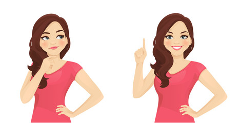 Cute woman with curly hairstyle thinking looking away and making idea pointing up isolated on white background vector illustration