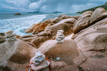 Tropical overcast scenery on Seychelles paradise islands. Thunderstorm comes up from the ocean