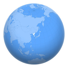 North Korea (DPRK or DPR Korea) on the globe. Earth centered at the location of the Democratic People's Republic of Korea. Map of North Korea. Includes layer with capital cities.