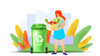 Organic waste design concept. A girl is throwing waste material in the recycling bin.