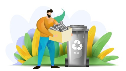 Vector illustration depicting a man sorting a metal wastes. Waste sorting and recycling.