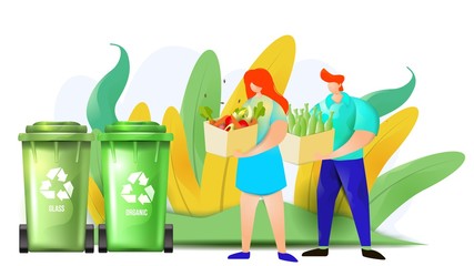 Couple of man and woman are throwing organic and glass wastes in the recycling bins.