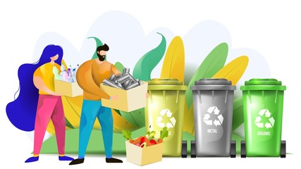 Woman and man throwing plastic, organic and metal wastes in the recycling bins.