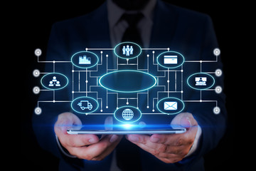 Male human wear formal work suit presenting presentation using smart device
