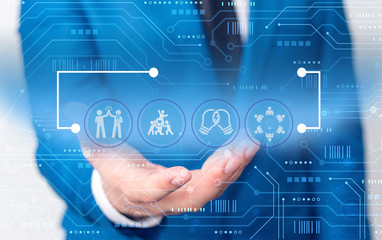 Male human wear formal work suit presenting presentation using smart device