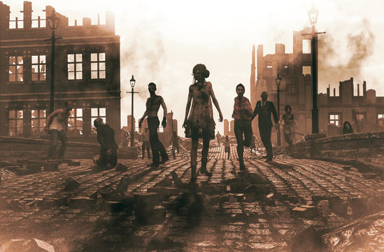 Zombies horde in ruined city after an outbreak,3d illustration for book cover