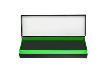 A small open black paper box with a green stripe for a gift. Gift wrapping isolate on white background.