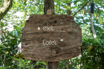Text exit and toilet on a wooden board in a rainforest jungle of tropical Bali island, Indonesia. Exit and toilet wooden sign inscription in the asian tropics.