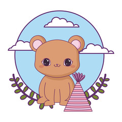 cute bear with hat party and crown leafs