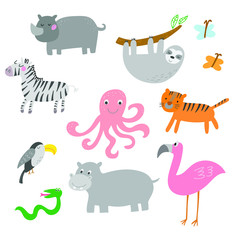 Naklejka premium African animals, jungle tropical animals clip art, isolated vector set