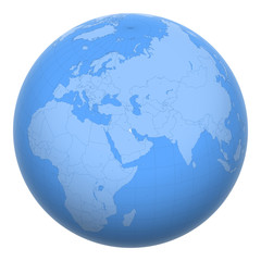 Kuwait on the globe. Earth centered at the location of the State of Kuwait. Map of Kuwait. Includes layer with capital cities.