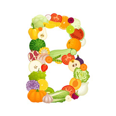 Letter B made from vegetables and fruits. Vector illustration in cartoon style. Template on the theme of healthy eating. Food laid out in the shape of a letter b.