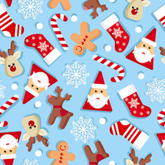 Vector seamless pattern with santa claus, candy, deer, gingerbread men, snowflakes of Happy New Year and Christmas Day.Christmas backgrounds collection. Can be used for wallpaper, pattern fills