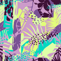 Fototapeta na wymiar Abstract creative seamless pattern with tropical plants and artistic background