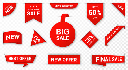 Set of new stickers, sale tags and labels. Shopping stickers and badges for merchandise and promotion, special offer, new collection, discount etc. Red stickers for web banners with transparent shadow - obrazy, fototapety, plakaty