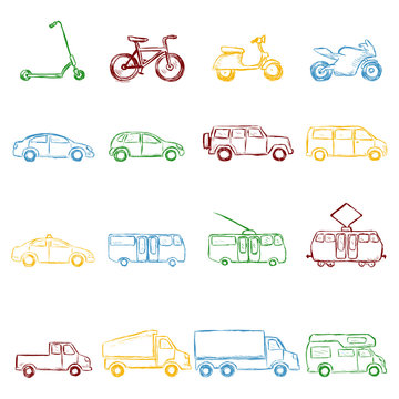 Vector Set of Color Sketch Transportation Icons