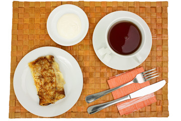 Breakfast. Pancakes with cottage cheese and sour cream.