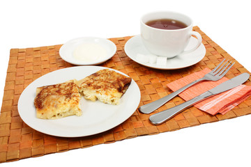 Breakfast. Pancakes with cottage cheese and sour cream.