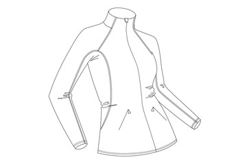 Technical drawing of woman's jacket. 3D illustration. Line art vector. Sportswear sketch. Fashion illustration. Lady's softshell jacket.