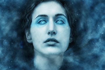 fantasy portrait of a frozen woman in a snowstorm
