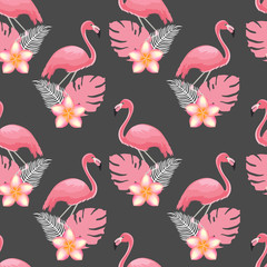 Seamless pattern of flamingos and tropical plants