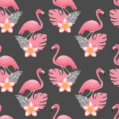 Stickers pour porte Flamant Modèle sans couture de flamants roses et de plantes tropicales