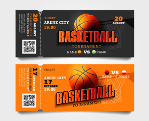 Basketball match entrance torn-off tickets with ball and basket and big typography