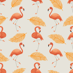 Obraz premium Seamless pattern of orange flamingos and leaves