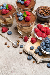 Classic tiramisu dessert with blueberries and raspberries in a glass and bowls with berries on concrete background