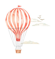 Hand drawn watercolor illustration - hot air balloon in the sky. Background with retro airship, clouds and birds. Perfect for baby prints, children posters, home decor, invitations etc