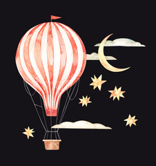 Hand drawn watercolor illustration - hot air balloon in the night sky. Background with retro airship, moon and stars. Perfect for baby prints, children posters, home decor, invitations etc