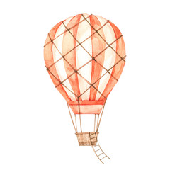 Hand drawn watercolor illustration - hot air balloon in the sky. Retro airship. Perfect for baby prints, children posters, home decor, invitations etc